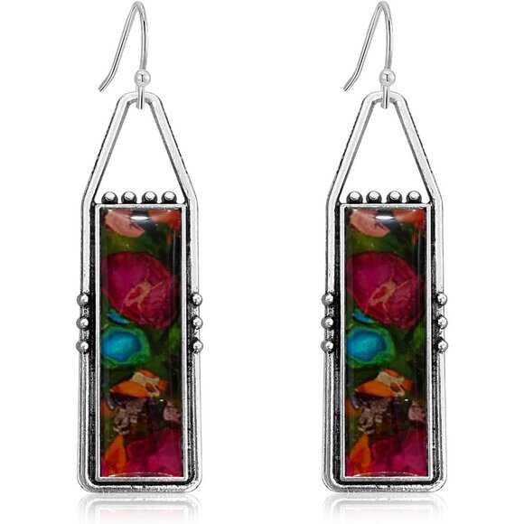 Red Handmade Bohemian Tribal Retro Colorful Square Bar Dangle Drop Earring - Picture 1 of 6